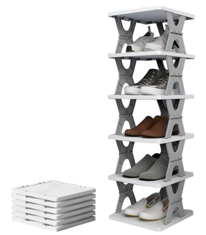 Creative 6 Layer PVC Folding Shoe Rack – Waterproof, Space-Saving Shoe Organizer for Entryways, Closets, Bedrooms | Foldable White & Grey Shoe Stand